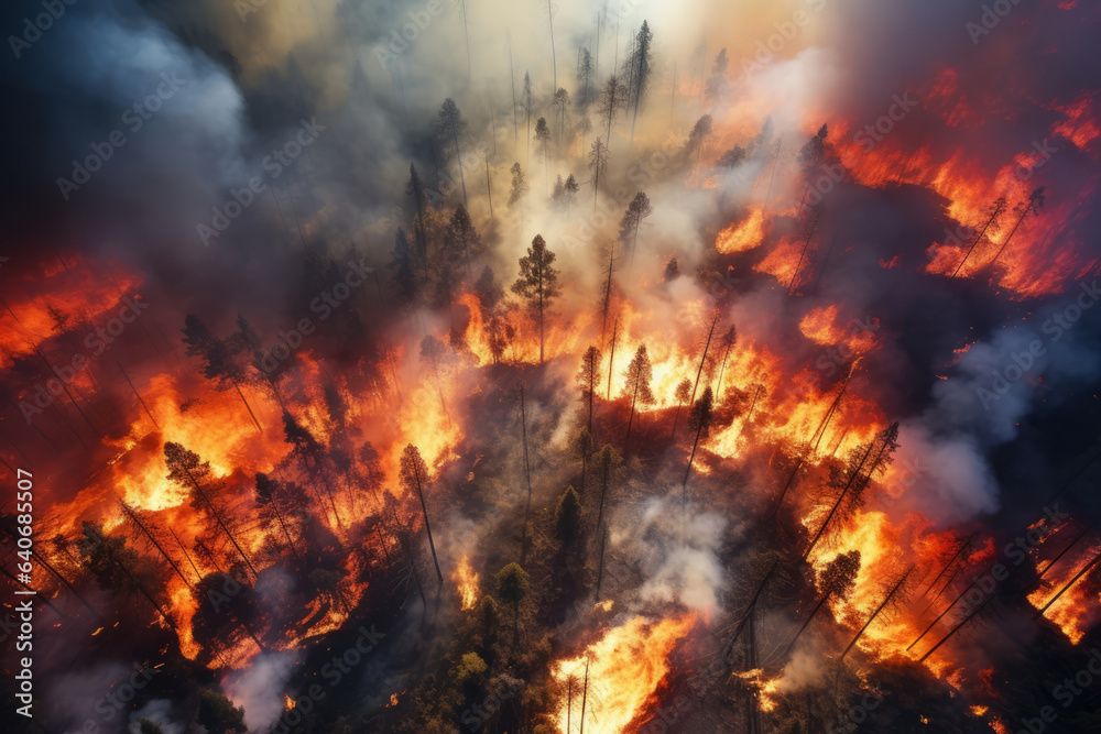 Wildfire, unplanned, uncontrolled and unpredictable fire in an area of combustible vegetation, aerial drone view.