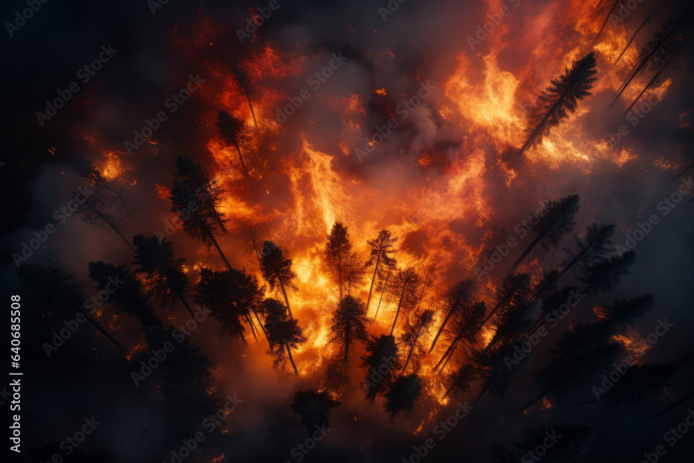 Wildfire, unplanned, uncontrolled and unpredictable fire in an area of combustible vegetation, aerial drone view. Wildfire, unplanned, uncontrolled and unpredictable fire in an area of combustible vegetation, aerial drone view.