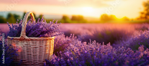 Photo Wicker basket of freshly cut lavender flowers a field of lavender bushes