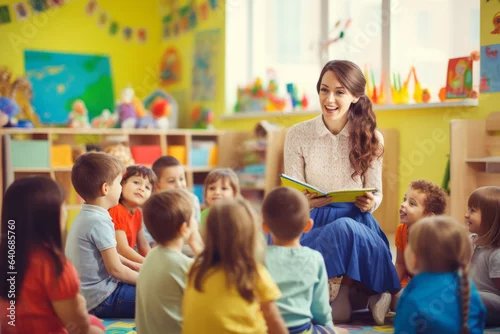 Obraz Beautiful professional female teacher of nursery school or kindergarten looking at camera while standing against group of little learners.