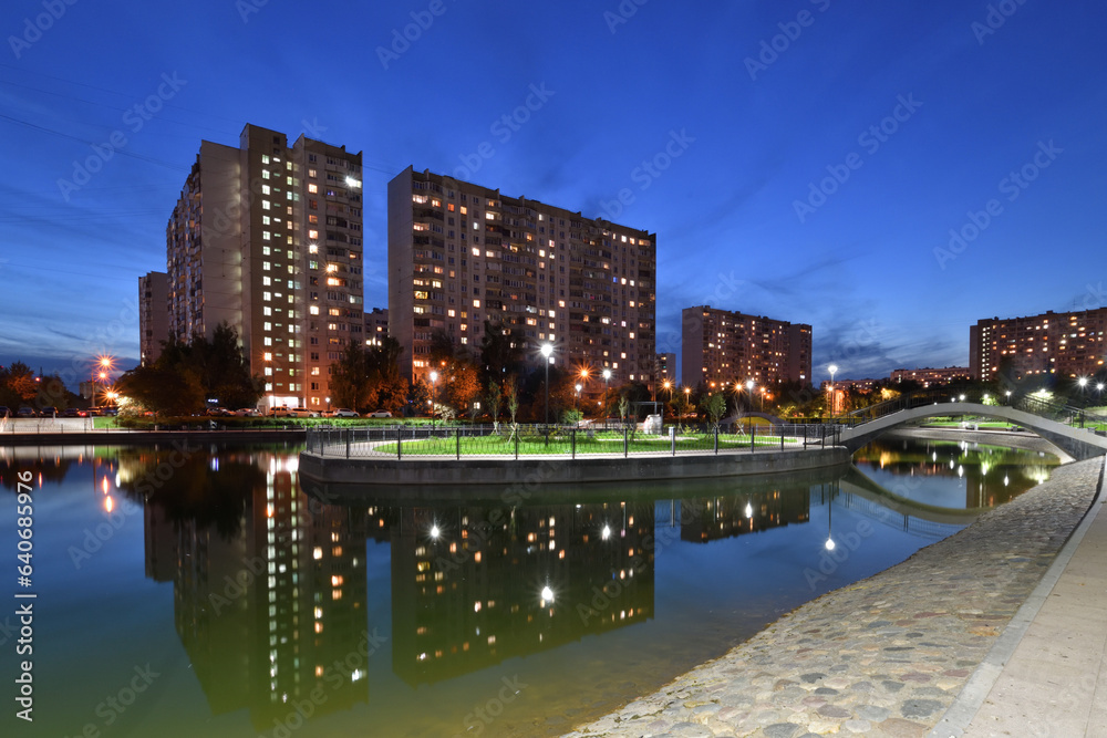 Night landscape with a pond in Zelenograd in Moscow. Russia Night landscape with a pond in Zelenograd in Moscow. Russia