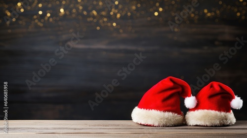 Christmas Santa hats isolated on sparkling background with space for copy text