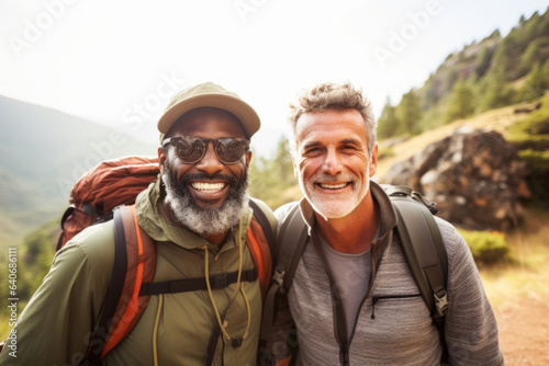 Cheerful interracial gay couple hiking in the wild on sunny autumn day. Two men admiring a scenic view. Adventurous people with backpacks. Hiking and trekking on a nature trail.
