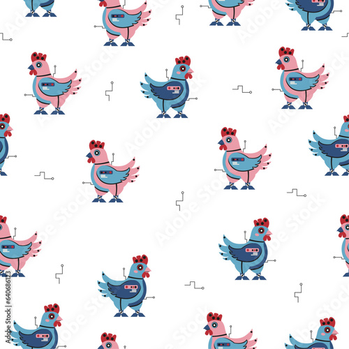 Seamless cute pattern with robot chicken. Vector graphic.