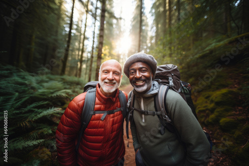 Cheerful interracial gay couple hiking in the wild on sunny autumn day. Two men admiring a scenic view. Adventurous people with backpacks. Hiking and trekking on a nature trail.
