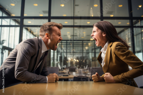 Two angry office workers arguing and threatening each other. Anger management concept.