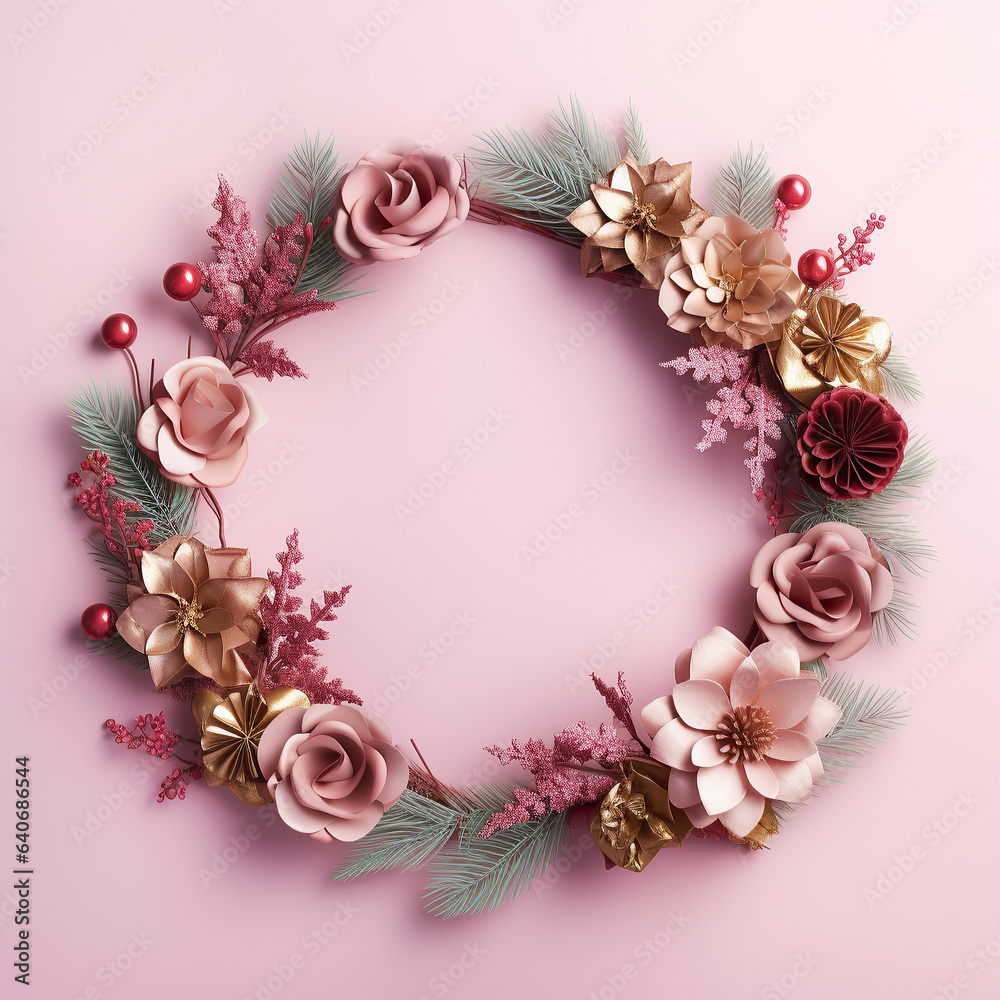 This sparkling wreath of colorful flowers and leaves is the perfect accessory for the start of a new year in 2024, bringing joy and fashion to any celebration, text copy space