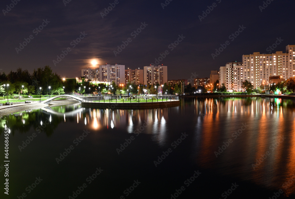 Night landscape with a pond in Zelenograd in Moscow. Russia