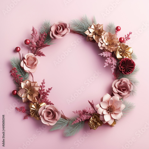This sparkling wreath of colorful flowers and leaves is the perfect accessory for the start of a new year in 2024, bringing joy and fashion to any celebration, text copy space © Glittering Humanity