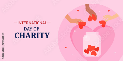 International Day of Charity.
People will donate to charity. Vector banner.