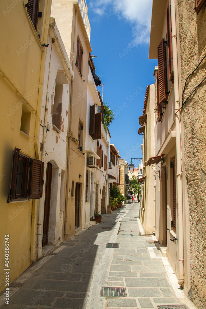Street with historical buildings at old town centre of Rethymno, Crete, Greece