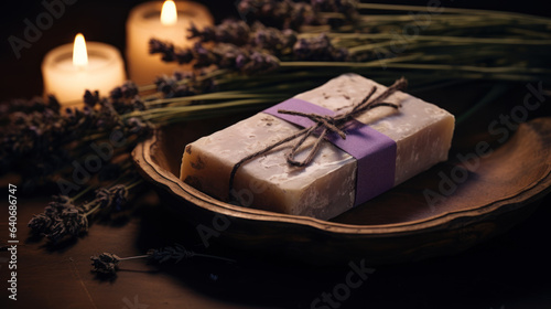Handmade soap with lavender in waxed paper.