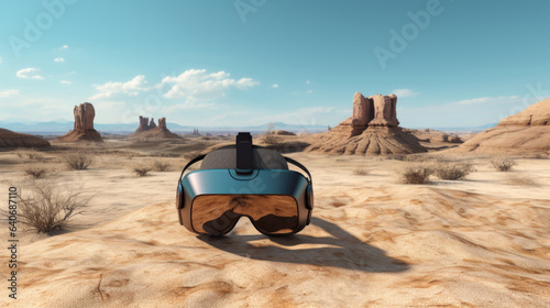  virtual reality mask against a picturesque desert oasis background.  © Tori