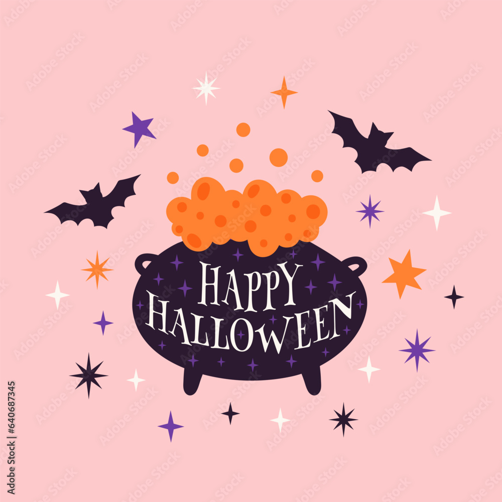 Trendy Halloween design with witch cauldron, bats, stars and typography. Pink background. Hand drawn vector cute illustration perfect for greeting card, banner, poster, invitation.