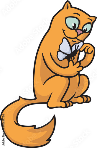 Cartoon: neugierige Katze spielt sanft und freundlich mit einem Schmetterling in ihrer Pfote