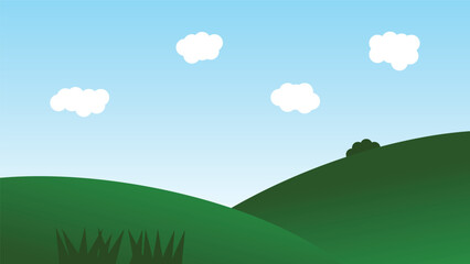 Fotobehang Groen landscape cartoon scene with green hills and white cloud in summer blue sky background  © piggu