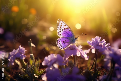 Purple butterfly on wild white violet flowers in grass