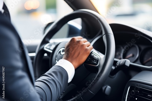 African American male driver's hands on wheel driving high speed movement sitting inside car. Man hold steering wheel over shoulder view transport transportation tourism trip cab taxi businessman work © Yuliia
