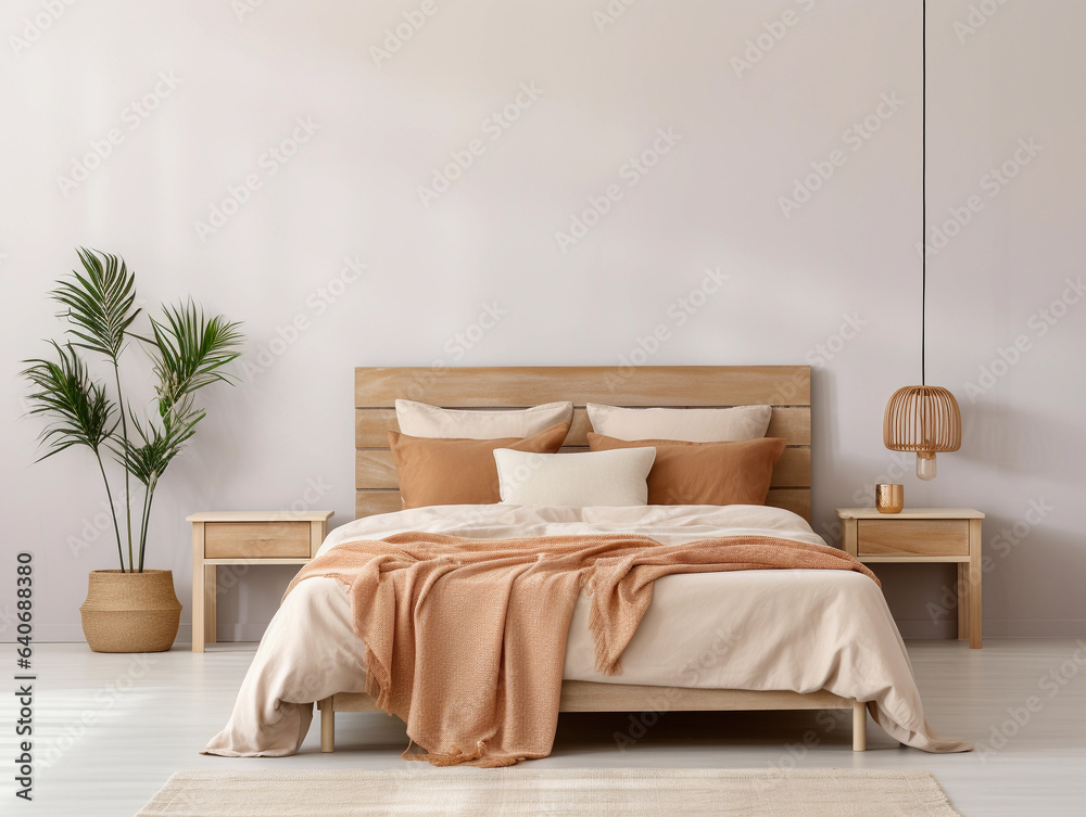 Minimalist beige boho bedroom with empty whate wall for mockups. Wooden double bed with pillows, cozy furniture. Room interior with copyspace. - obrazy, fototapety, plakaty 