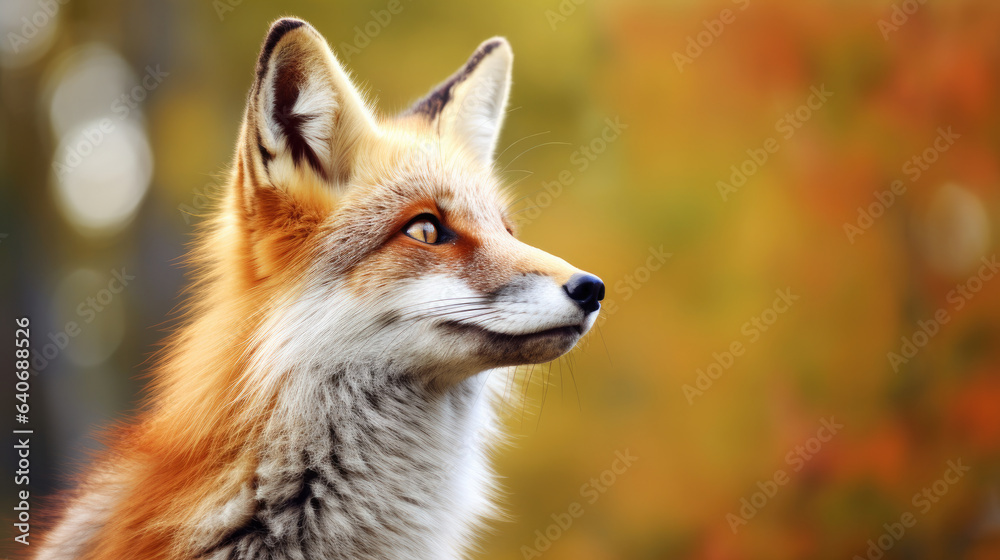 Fototapeta premium Cute fox profile with attentive gaze against vibrant autumn foliage. Wild life and nature. Thanksgiving and fall season celebrations. Design for greeting card, banner, poster with free space for text