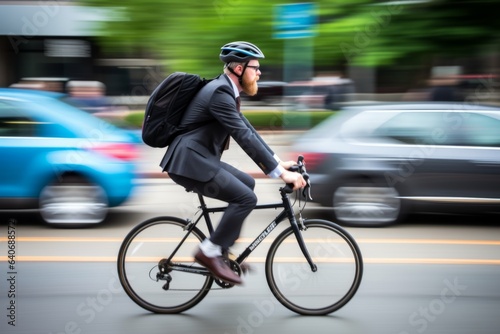Fotografie, Obraz Successful hipster middle age caucasian stylish businessman bearded male man costume going office work by bike riding bicycle morning city road