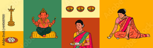 Ganesh Chaturthi calligraphy in Marathi, Hindi with Ganesha, editable hand-drawn vector illustration and traditional festive background, and Indian People celebrating Ganesha festival.
