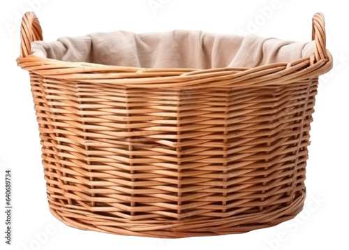Empty wooden wicker laundry basket isolated.