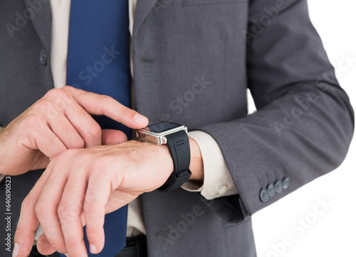 Digital png photo of caucasian businessman with smartwatch on transparent background