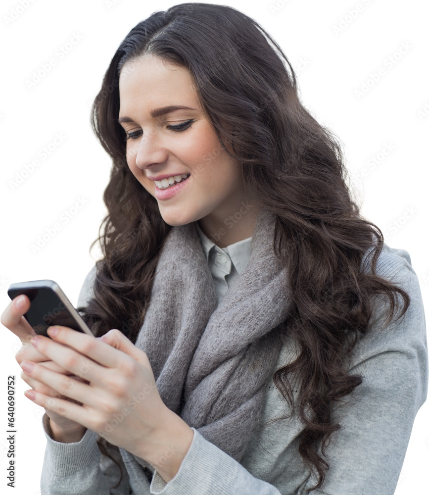 Digital png photo of caucasian woman using smartphone on transparent background Digital png photo of caucasian woman using smartphone on transparent background