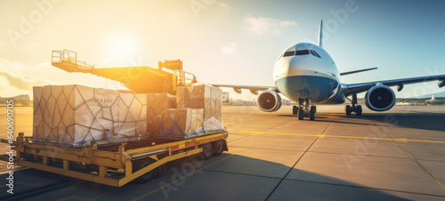 Air cargo freighter Logistics import export goods of freight global, Process of handling, Luggage loading with high loader at the Airport.