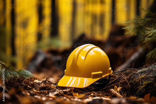 Yellow Hard Hat Background Construction Site Labor against the backdrop of the forest