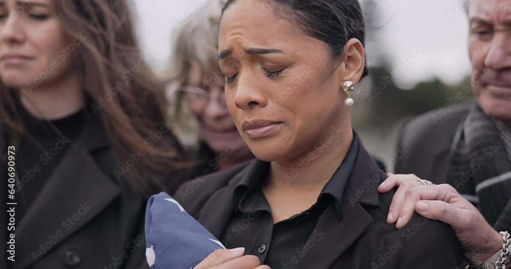 Crying, family and funeral with comfort, woman and sympathy with compassion, death and empathy. People, wife of loved one and friends with grief, USA flag and military with loss, goodbye or remember