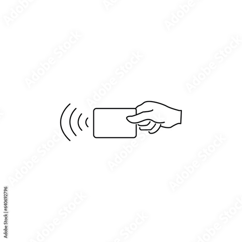 Contactless payment, credit card and hand tap pay wave logo line icon. Vector wireless NFC and contactless pay pass icon
