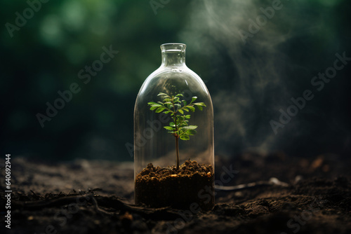 Tree seedlings in glass tubes on nature background, pro photo
