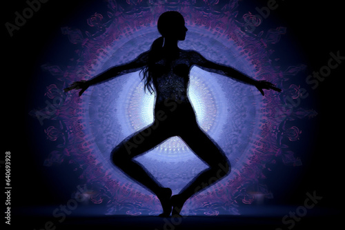 Silhouette of a very beautiful Yoga dancing woman  cinematic  dept of field  ambient. AI Generative