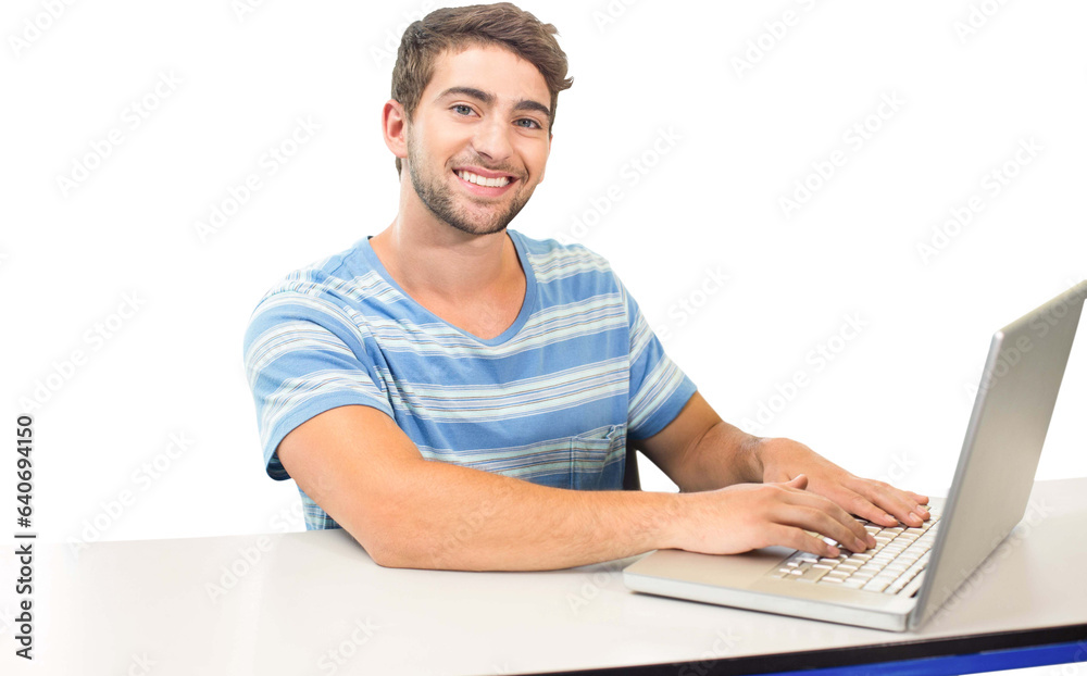Digital png photo of caucasian man using laptop on transparent background Digital png photo of caucasian man using laptop on transparent background