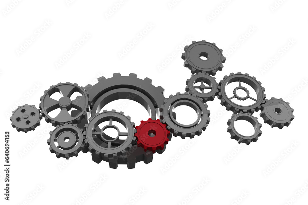 Digital png illustration of grey and red cogs on transparent background