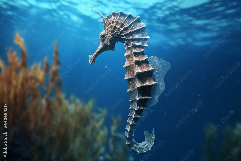 a seahorse in the deep sea - obrazy, fototapety, plakaty 