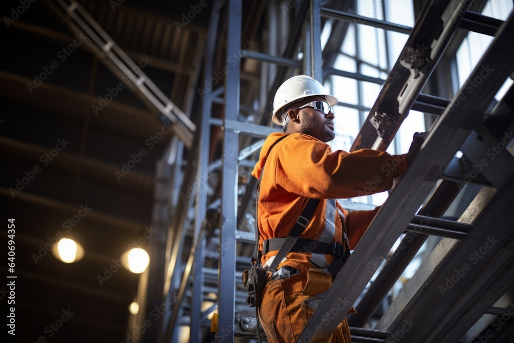 Fototapeta premium Man operating machine Quality Control Engineer inspecting steel pipe material for production on shelf rack at factory warehouse. Quality Control Assurance
