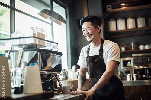 Attractive cheerful smiling male man barista wear apron making coffee at cafe coffeeshop daylight