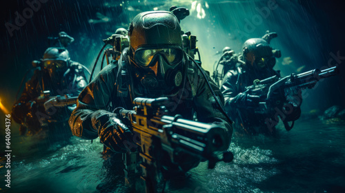 Underwater Combat by Team of Soldier with a Rifle and a Diving Special Suit AI Generated