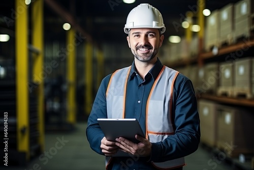 portrait of professional engineer manager inspector in uniform and tablet smile confident in warehouse store distributor factory with happiness at work engineer on site