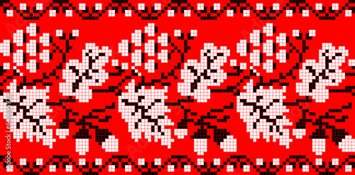 Vector illustration of Ukrainian ornament in ethnic floral style with oak and grape leaves and acorns, bunches of grapes, identity, vyshyvanka, embroidery for websites, banners. Background