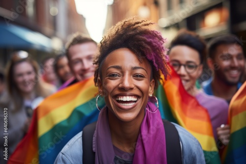 Group of young diverse people lgbtq+ activists holding the lgbt pride rainbow flag. Generative AI © Natee Meepian