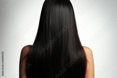 Graceful silhouette Long, straight black hair frames womans captivating back perspective