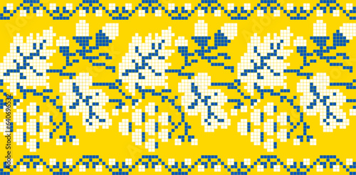 Vector illustration of Ukrainian ornament in ethnic floral style with oak and grape leaves and acorns, bunches of grapes, identity, vyshyvanka, embroidery for websites, banners. Background