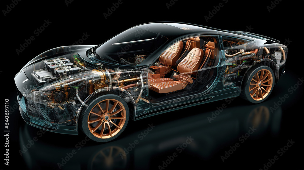 Illustration of a cross section of an electric car, with cables, motors and electrical elements on a dark background. Generative AI - obrazy, fototapety, plakaty 