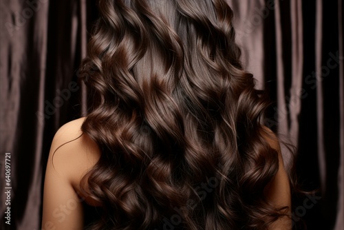 Studio portrait Long, black curly hair cascades elegantly, showcasing brunettes back view