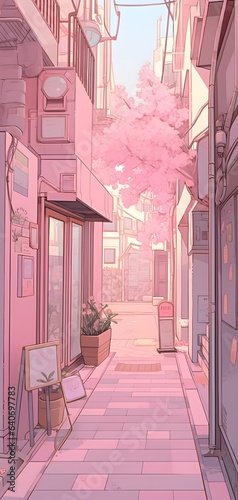 a beautiful japanese tokyo city street at sunset anime cartoonish artstyle. cozy lofi asian architecture, aesthetic wallpaper for mobile phone, pink and purple pastel colors, window, table