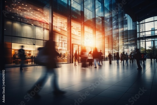abstract motion blur image of business people crowd walking in city downtown. Cinematic color tone, Generative AI